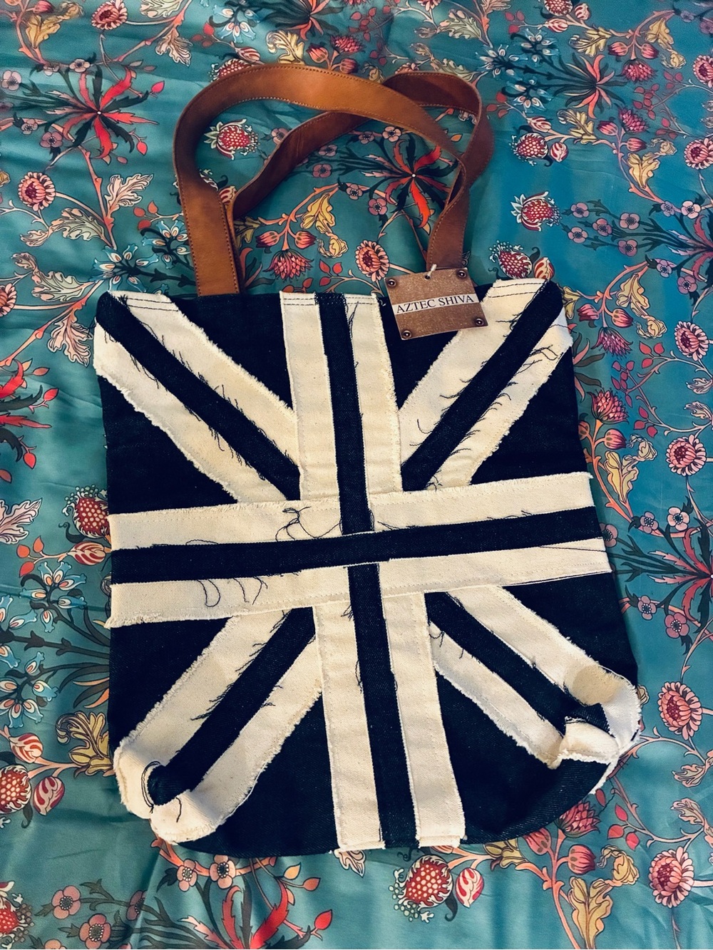 Navy & White Canvas Tote with Tan Handles